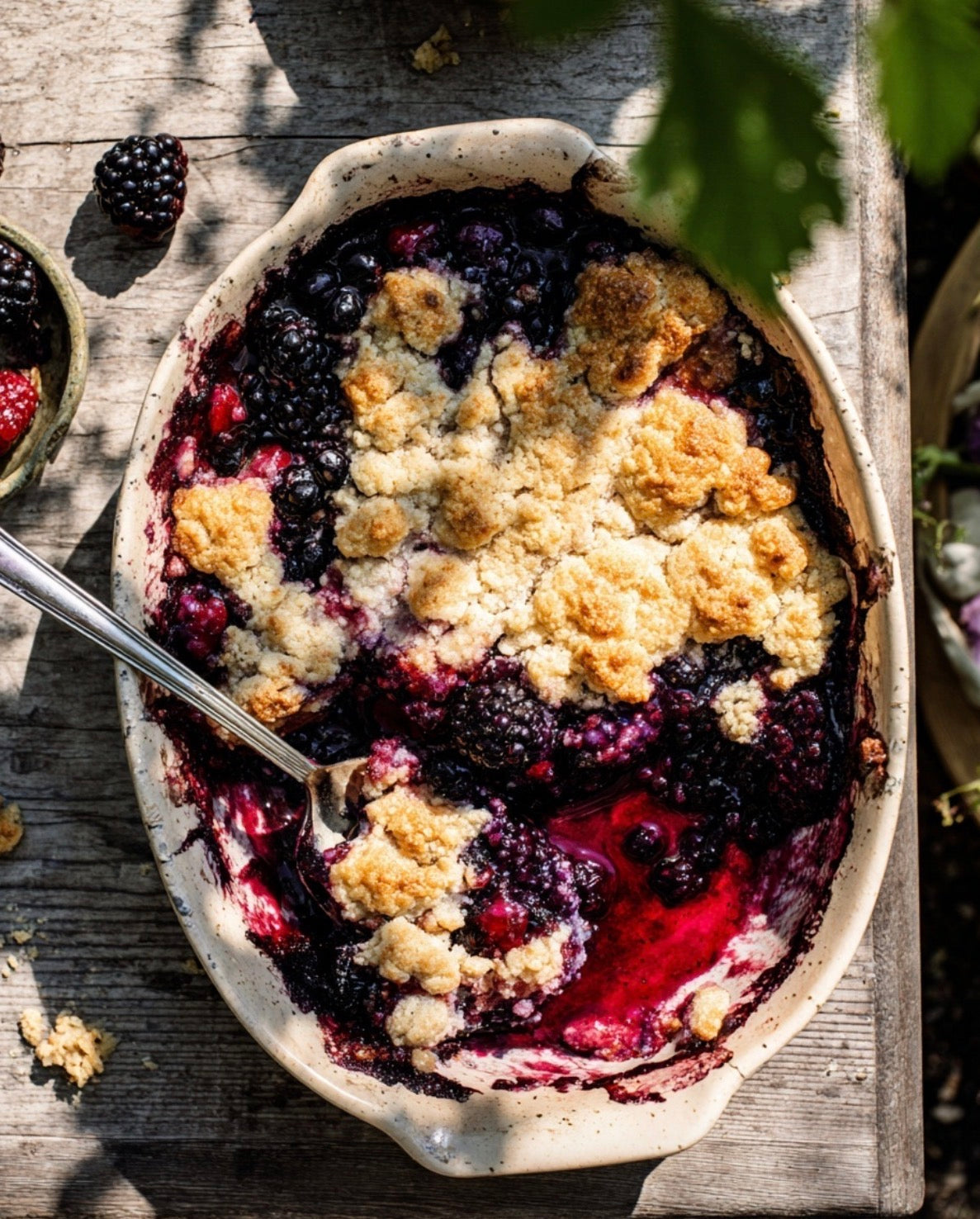 A warm wild berry cobbler made with Forage Heritage Baker's Flour and Homestead Sweetener. A grain-free, gluten-free, zero-sugar recipe with a golden buttery topping and juicy mixed berries.